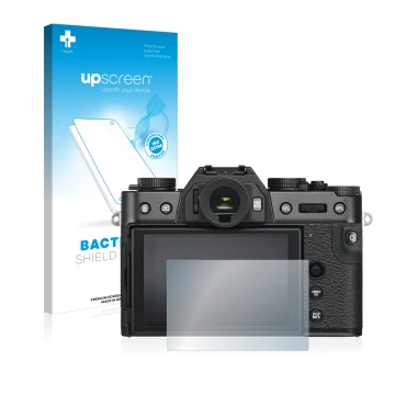 Parte frontal de un envase de producto con el logotipo de la marca upscreen. Al lado se muestra el dispositivo Fujifilm X-T30 