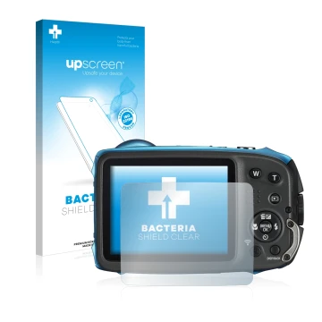 Parte frontal de un envase de producto con el logotipo de la marca upscreen. Al lado se muestra el dispositivo Fujifilm FinePi