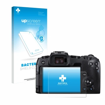 Parte frontal de un envase de producto con el logotipo de la marca upscreen. Al lado se muestra el dispositivo Canon EOS RP co