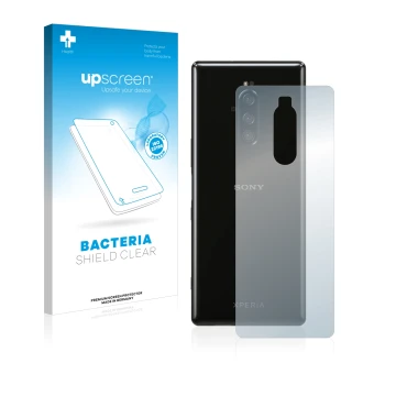 Parte frontal de un envase de producto con el logotipo de la marca upscreen. Al lado se muestra el dispositivo Sony Xperia 1 (
