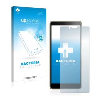 Parte frontal de un envase de producto con el logotipo de la marca upscreen. Al lado se muestra el dispositivo Sony Xperia L3 