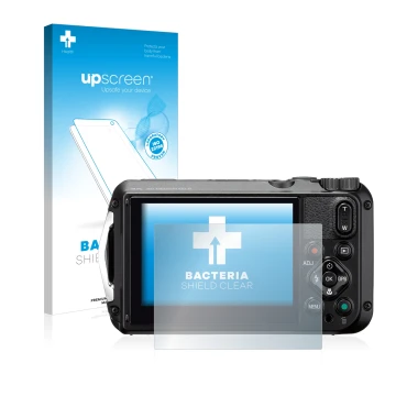 Parte frontal de un envase de producto con el logotipo de la marca upscreen. Al lado se muestra el dispositivo Ricoh WG-6 con 