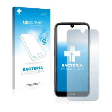 Parte frontal de un envase de producto con el logotipo de la marca upscreen. Al lado se muestra el dispositivo Nokia 4.2 con s
