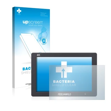 Parte frontal de un envase de producto con el logotipo de la marca upscreen. Al lado se muestra el dispositivo Feelworld T7 7