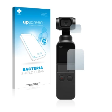 Parte frontal de un envase de producto con el logotipo de la marca upscreen. Al lado se muestra el dispositivo DJI Osmo Pocket
