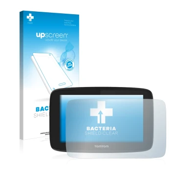 Parte frontal de un envase de producto con el logotipo de la marca upscreen. Al lado se muestra el dispositivo TomTom GO Essen