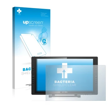 Parte frontal de un envase de producto con el logotipo de la marca upscreen. Al lado se muestra el dispositivo XP-Pen Artist 2