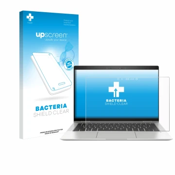 Parte frontal de un envase de producto con el logotipo de la marca upscreen. Al lado se muestra el dispositivo HP EliteBook x3
