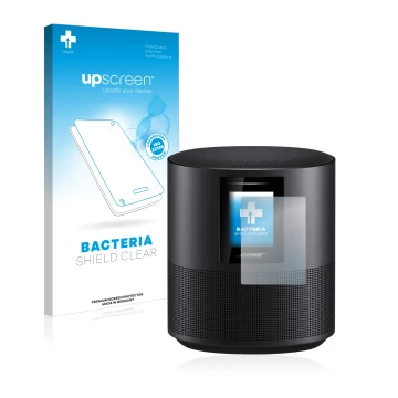 Parte frontal de un envase de producto con el logotipo de la marca upscreen. Al lado se muestra el dispositivo Bose Home Speak