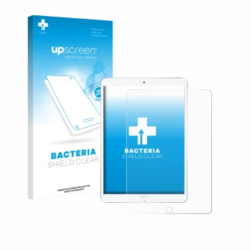 Parte frontal de un envase de producto con el logotipo de la marca upscreen. Al lado se muestra el dispositivo Apple iPad Air 