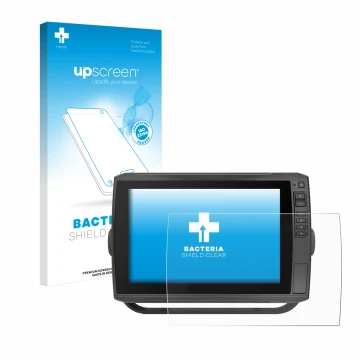 Parte frontal de un envase de producto con el logotipo de la marca upscreen. Al lado se muestra el dispositivo Garmin ECHOMAP 