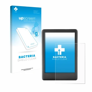 Parte frontal de un envase de producto con el logotipo de la marca upscreen. Al lado se muestra el dispositivo Amazon Kindle 2