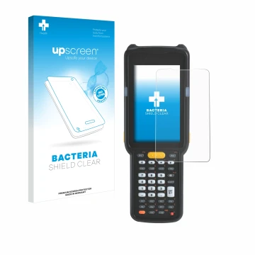 Parte frontal de un envase de producto con el logotipo de la marca upscreen. Al lado se muestra el dispositivo Zebra MC330 con