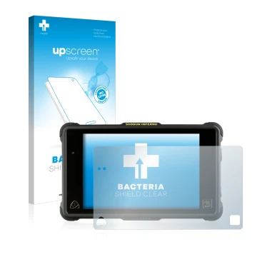 Parte frontal de un envase de producto con el logotipo de la marca upscreen. Al lado se muestra el dispositivo Atomos Shogun I