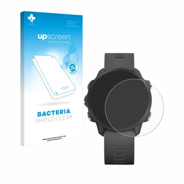 Parte frontal de un envase de producto con el logotipo de la marca upscreen. Al lado se muestra el dispositivo Garmin Forerunn
