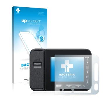 Parte frontal de un envase de producto con el logotipo de la marca upscreen. Al lado se muestra el dispositivo Sony DSC-RX0M2 