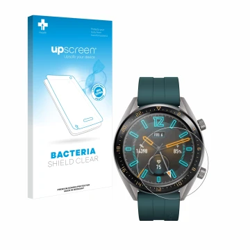 Parte frontal de un envase de producto con el logotipo de la marca upscreen. Al lado se muestra el dispositivo Huawei Watch GT
