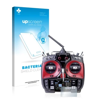 Parte frontal de un envase de producto con el logotipo de la marca upscreen. Al lado se muestra el dispositivo Graupner mz-24 