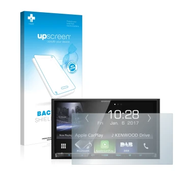 Parte frontal de un envase de producto con el logotipo de la marca upscreen. Al lado se muestra el dispositivo Kenwood DMX7017