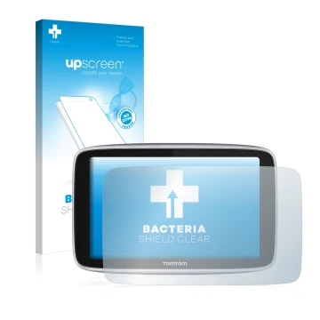 Parte frontal de un envase de producto con el logotipo de la marca upscreen. Al lado se muestra el dispositivo TomTom GO Premi