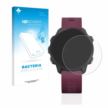 Parte frontal de un envase de producto con el logotipo de la marca upscreen. Al lado se muestra el dispositivo Garmin Forerunn