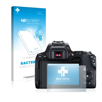 Parte frontal de un envase de producto con el logotipo de la marca upscreen. Al lado se muestra el dispositivo Canon EOS 250D 