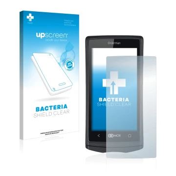 Parte frontal de un envase de producto con el logotipo de la marca upscreen. Al lado se muestra el dispositivo Orderman 5 con 