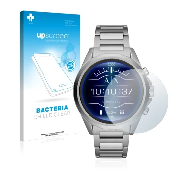 Parte frontal de un envase de producto con el logotipo de la marca upscreen. Al lado se muestra el dispositivo Emporio Armani 