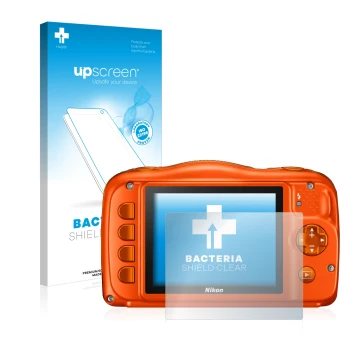 Parte frontal de un envase de producto con el logotipo de la marca upscreen. Al lado se muestra el dispositivo Nikon Coolpix W