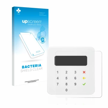 Parte frontal de un envase de producto con el logotipo de la marca upscreen. Al lado se muestra el dispositivo SumUp Air con s