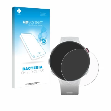 Parte frontal de un envase de producto con el logotipo de la marca upscreen. Al lado se muestra el dispositivo Garmin Forerunn