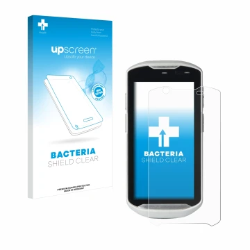 Parte frontal de un envase de producto con el logotipo de la marca upscreen. Al lado se muestra el dispositivo Zebra TC52-HC c