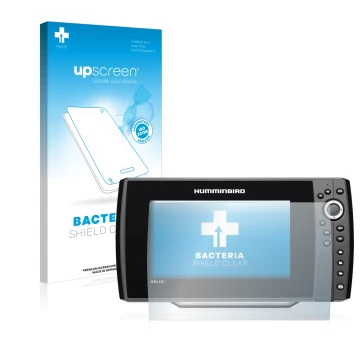 Parte frontal de un envase de producto con el logotipo de la marca upscreen. Al lado se muestra el dispositivo Humminbird Heli