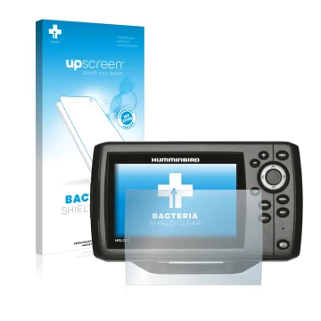 Parte frontal de un envase de producto con el logotipo de la marca upscreen. Al lado se muestra el dispositivo Humminbird Heli