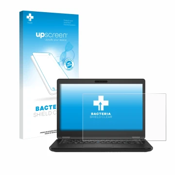 Parte frontal de un envase de producto con el logotipo de la marca upscreen. Al lado se muestra el dispositivo Dell Latitude 5