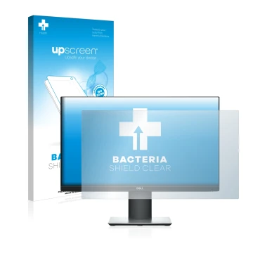 Parte frontal de un envase de producto con el logotipo de la marca upscreen. Al lado se muestra el dispositivo Dell P2319H con