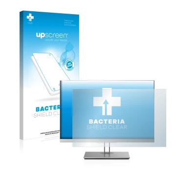 Parte frontal de un envase de producto con el logotipo de la marca upscreen. Al lado se muestra el dispositivo HP EliteDisplay