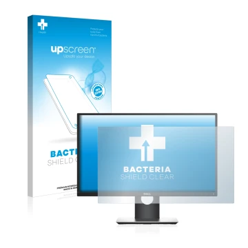 Parte frontal de un envase de producto con el logotipo de la marca upscreen. Al lado se muestra el dispositivo Dell P2419H con