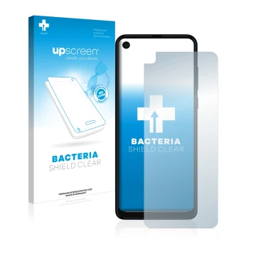Parte frontal de un envase de producto con el logotipo de la marca upscreen. Al lado se muestra el dispositivo Motorola One Vi