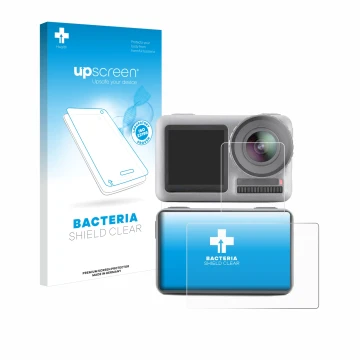 Parte frontal de un envase de producto con el logotipo de la marca upscreen. Al lado se muestra el dispositivo DJI Osmo Action