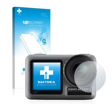 Parte frontal de un envase de producto con el logotipo de la marca upscreen. Al lado se muestra el dispositivo DJI Osmo Action