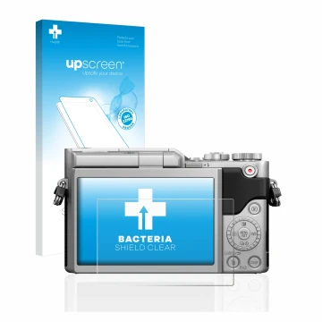 Parte frontal de un envase de producto con el logotipo de la marca upscreen. Al lado se muestra el dispositivo Panasonic Lumix