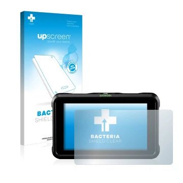 Parte frontal de un envase de producto con el logotipo de la marca upscreen. Al lado se muestra el dispositivo Atomos Shinobi 