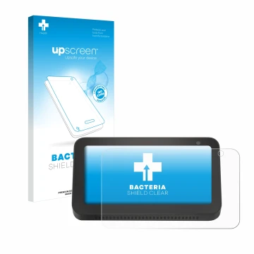 Parte frontal de un envase de producto con el logotipo de la marca upscreen. Al lado se muestra el dispositivo Amazon Echo Sho