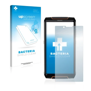 Parte frontal de un envase de producto con el logotipo de la marca upscreen. Al lado se muestra el dispositivo Cubot King Kong