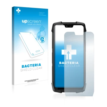Parte frontal de un envase de producto con el logotipo de la marca upscreen. Al lado se muestra el dispositivo Blackview BV970