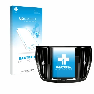 Parte frontal de un envase de producto con el logotipo de la marca upscreen. Al lado se muestra el dispositivo Volvo V60 Sensu