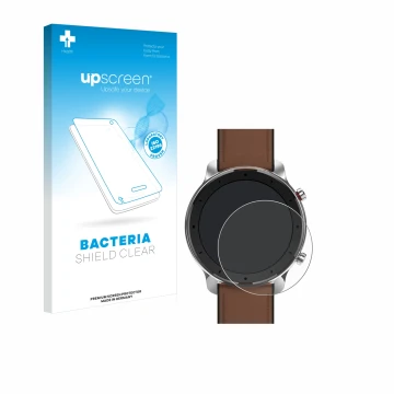 Parte frontal de un envase de producto con el logotipo de la marca upscreen. Al lado se muestra el dispositivo Huami Amazfit G