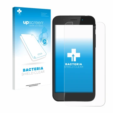 Parte frontal de un envase de producto con el logotipo de la marca upscreen. Al lado se muestra el dispositivo Shiftphones Shi