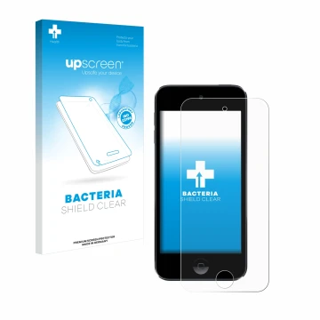 Parte frontal de un envase de producto con el logotipo de la marca upscreen. Al lado se muestra el dispositivo Apple iPod Touc